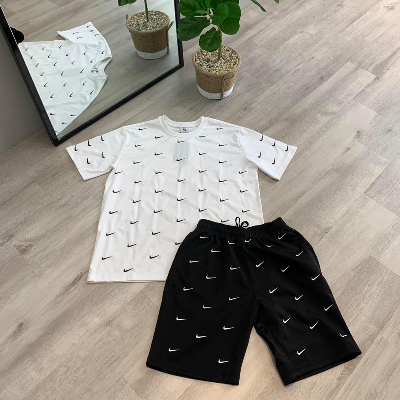 Full set áo thun + quần đùi Nike swoosh logo thêu