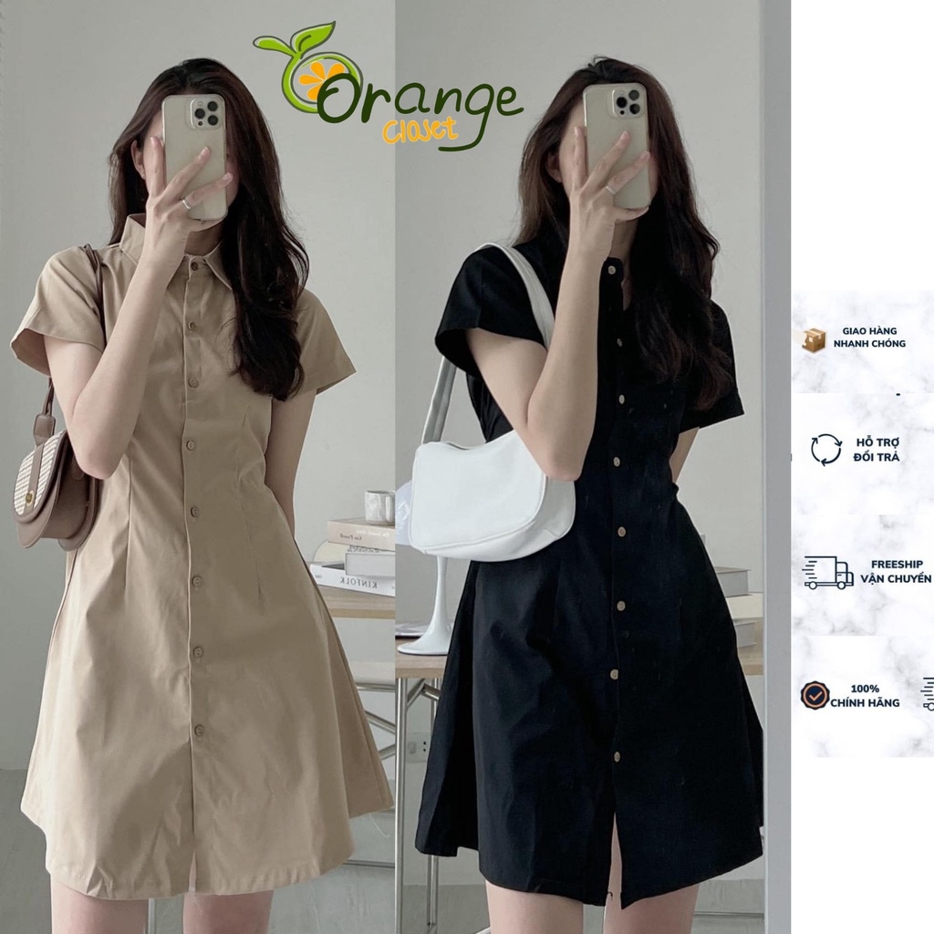 Đầm Sơ Mi Hàn Quốc Vải Thô Đũi Tay Ngắn Váy Cổ Polo Xếp Ly Eo ulzzang Orange Closet D23401