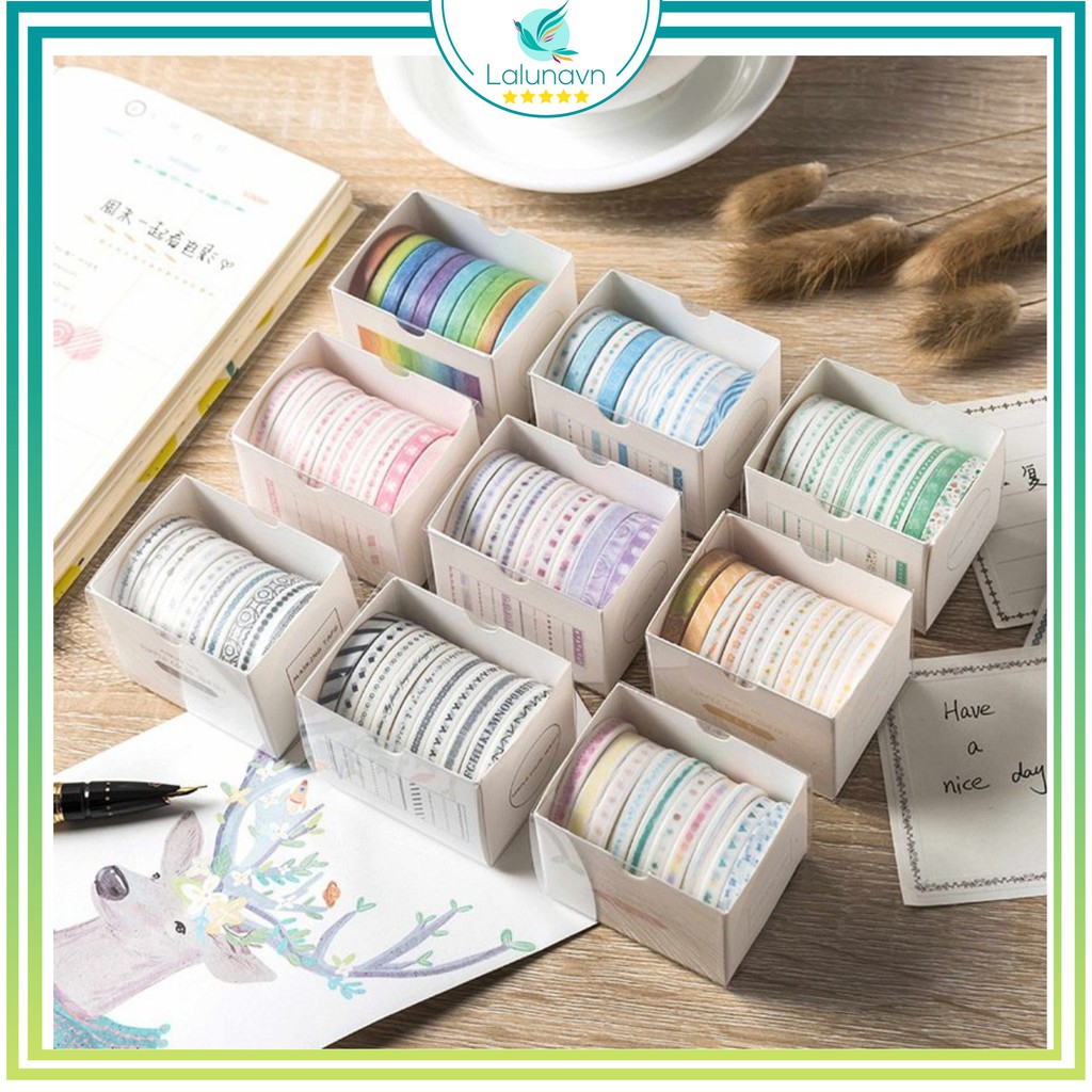 Lalunavn Set 10 cuộn băng dính washi nhiều màu sắc dùng trang trí scrapbook/album độc đáo