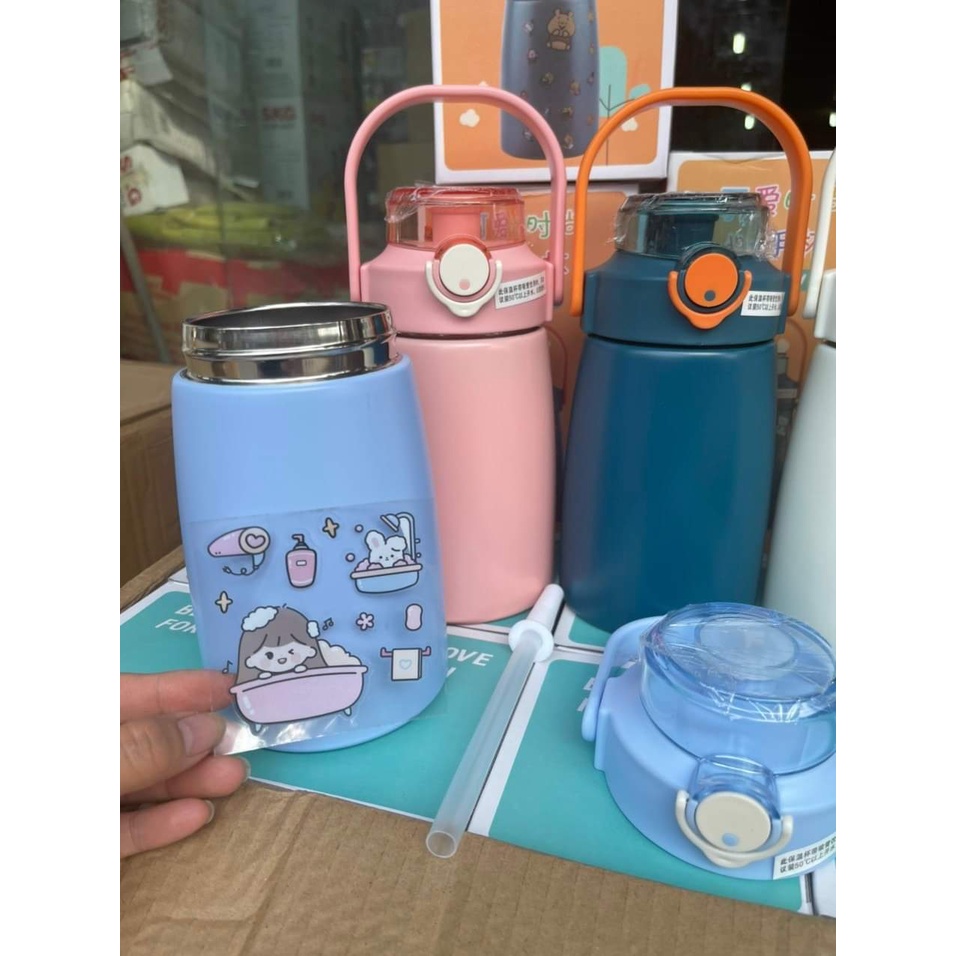 Bình giữ nhiệt cute có ống hút, inox 304 cao cấp không rỉ tặng kèm sticker