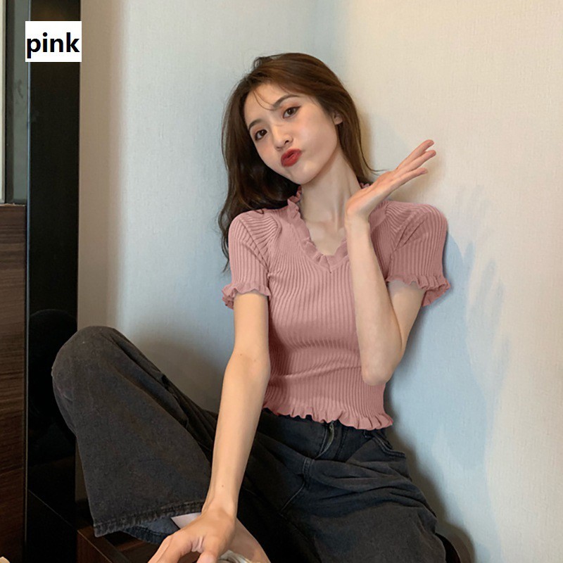 Áo Len Nữ Tay Ngắn Cổ Chữ V Thời Trang Quyến Rũ