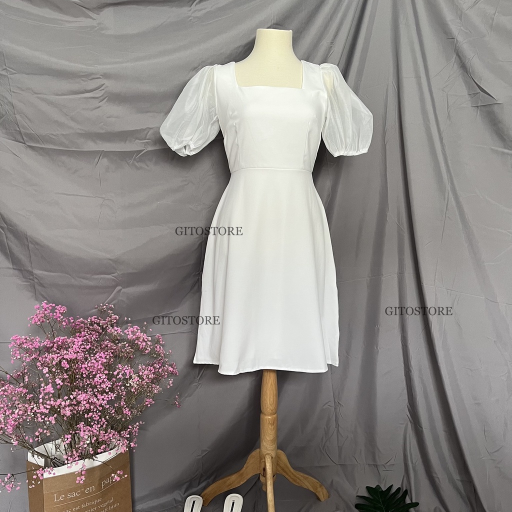 ĐẦM CỔ VUÔNG TAY PHỒNG ĐEN TRẮNG TAY VOAN - GD241