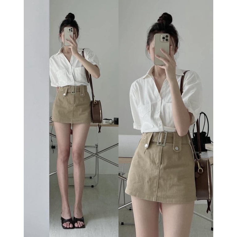 Chân váy jeans thô kaki ngắn kèm đai 757 hàng có sẵn
