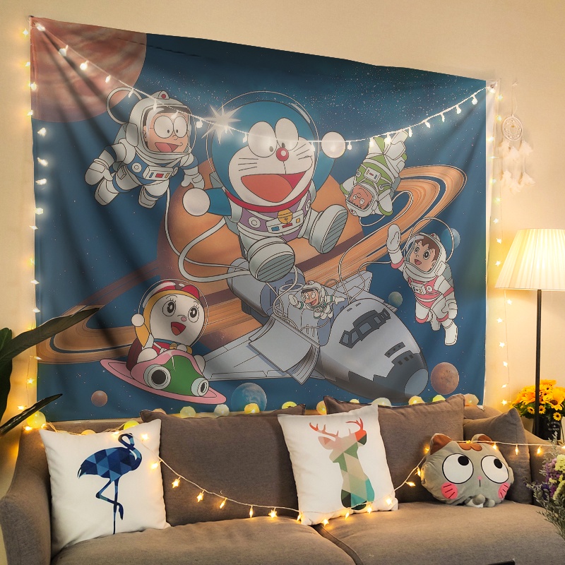 Tranh Vải Decor Doraemon Chất Liệu Lụa Cao Cấp - Tặng Kèm Đèn Led