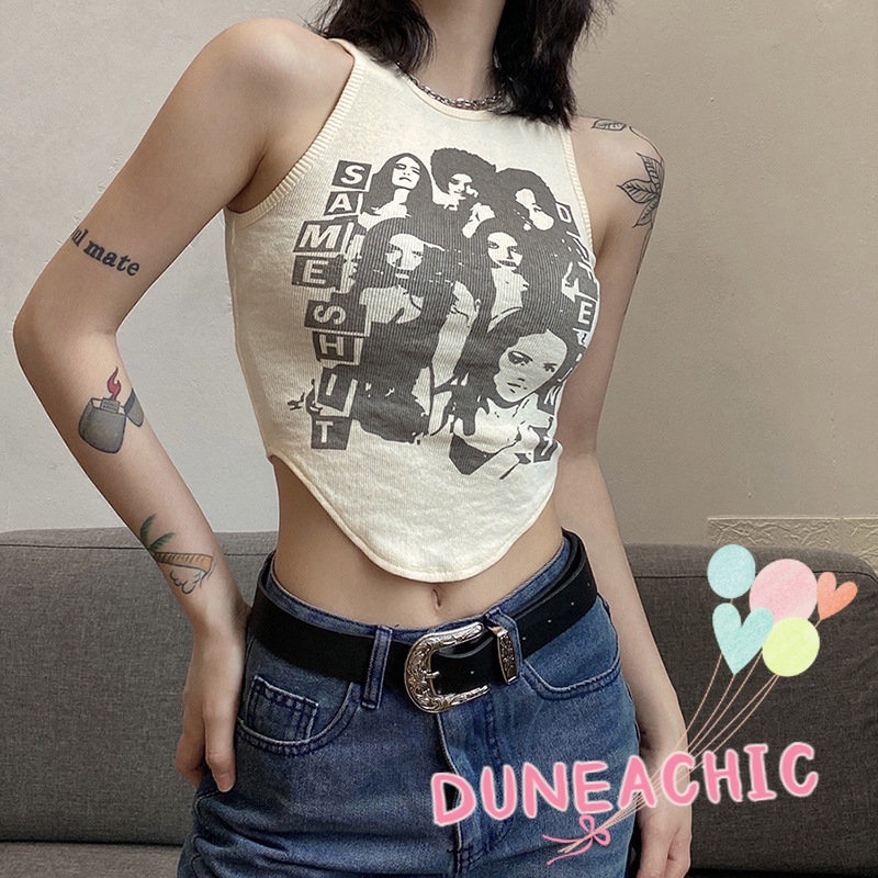 DUNEA Áo Tank Top Cổ Tròn Dáng Ôm In Họa Tiết Cá Tính Cho Nữ