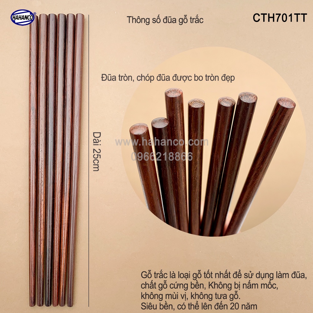 Đũa gỗ Trắc Tròn HAHANCO Gỗ Để Mộc Siêu Bền/ An Toàn Cho Sức Khỏe (CTH701TT 10 đôi)