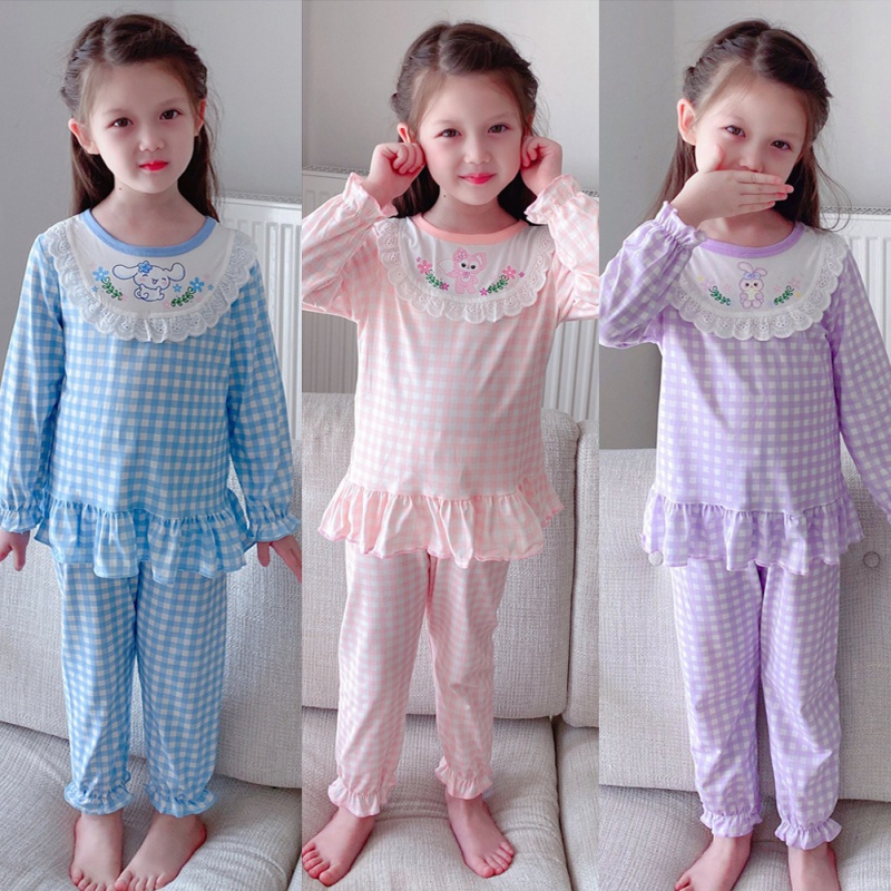 Bộ Đồ Ngủ Tay Dài Cổ Tròn Phối Ren Họa Tiết Hoạt Hình Dễ Thương Cho Bé Gái