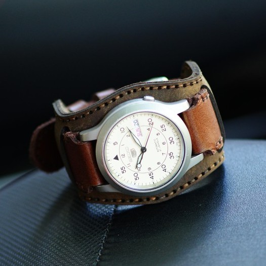 Combo dây đồng hồ da bò nâu đỏ kiểu quân đội cực đẹp RAM Leather B2 1980 - tặng khóa chốt và cây thay dây