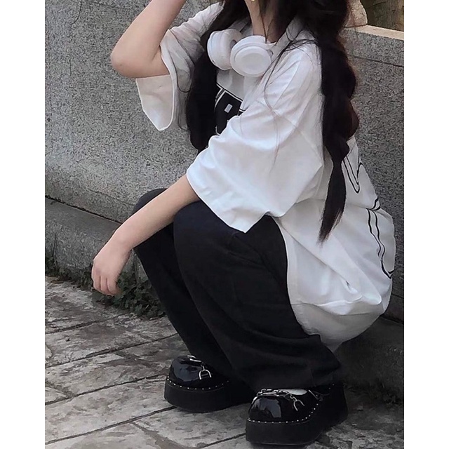 Set Quần Dài Đen Áo Thun In Chữ Nữ [FREESHIP]  Bộ đồ culottes phông form rộng tay lỡ học sinh Ulzzang