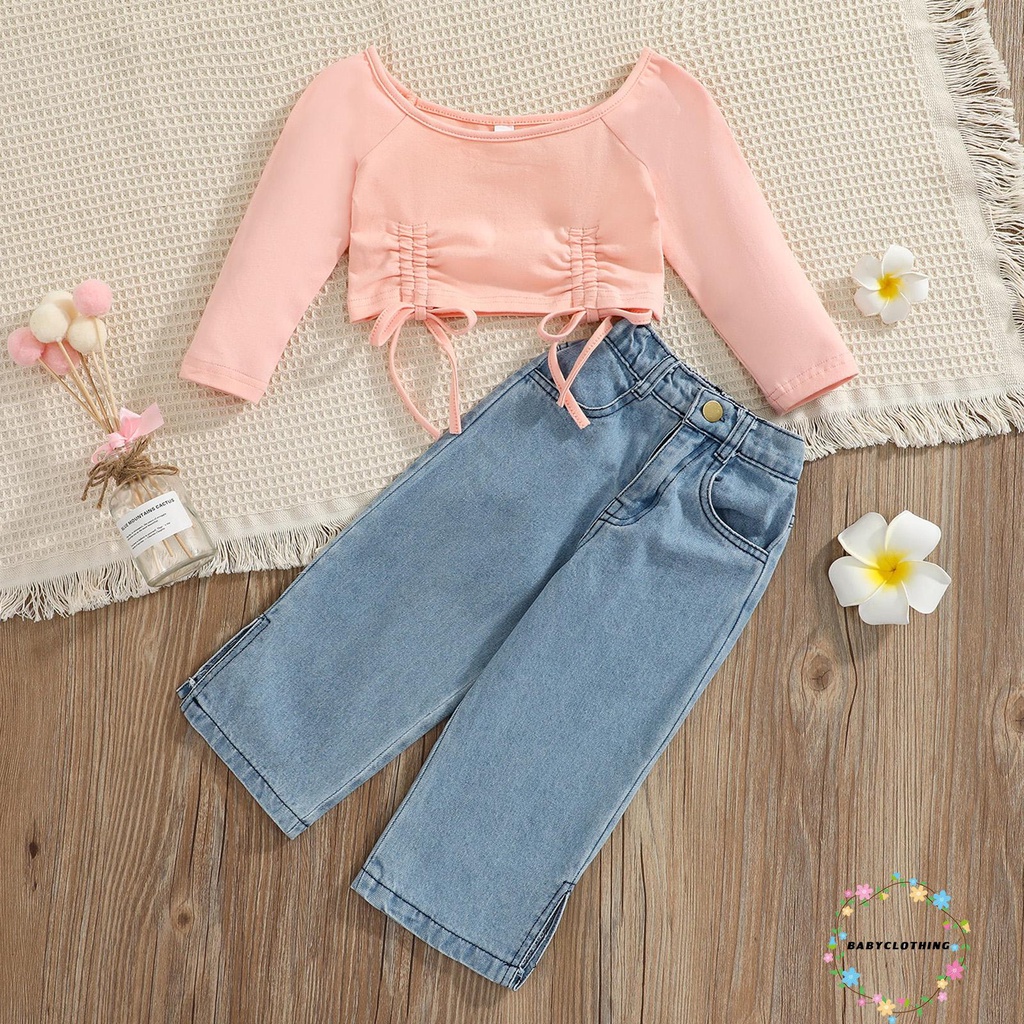Set Áo Thun Lửng Tay Dài Và Quần Jeans Xẻ Tà Thời Trang Cho Bé Gái