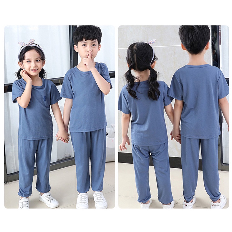 [LF.VN] Set Áo Thun + Quần Dài Trơn Màu Bằng Lụa Lạnh Kích Thước 100-150cm Thời Trang Xuân Hè Dành Cho Bé