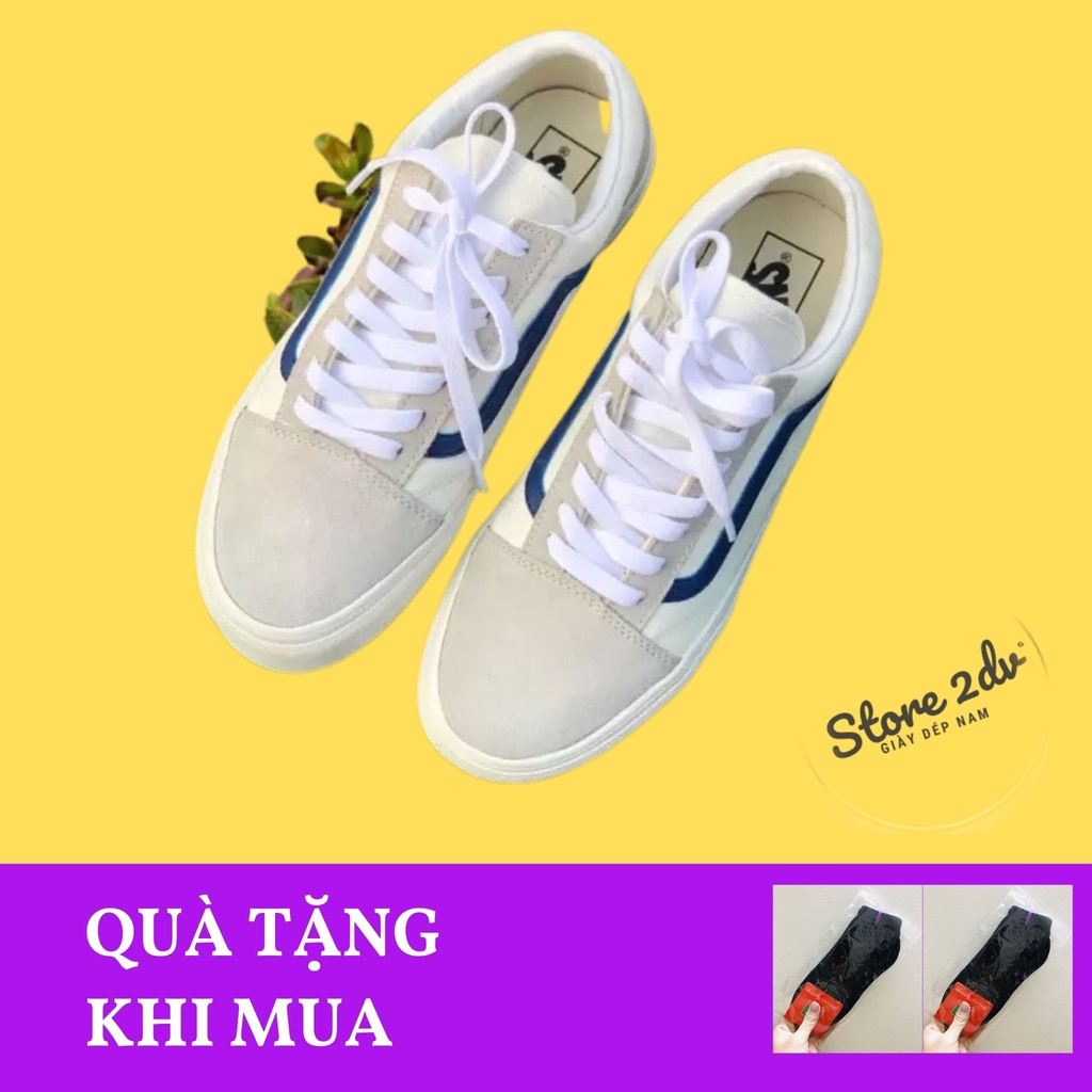 [Tặng Kèm Hộp + Vớ Xinh] Giày Sneakers Vans Trắng Xám Sọc Xanh Dương Da Lộn R11 Giày Vans Style 36 Siêu Đẹp