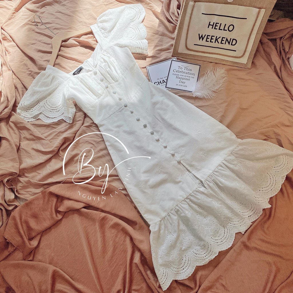 Váy thô ren thêu đuôi cá cúc bọc tay cánh tiên trắng thiết kế 2 lớp | BigBuy360 - bigbuy360.vn