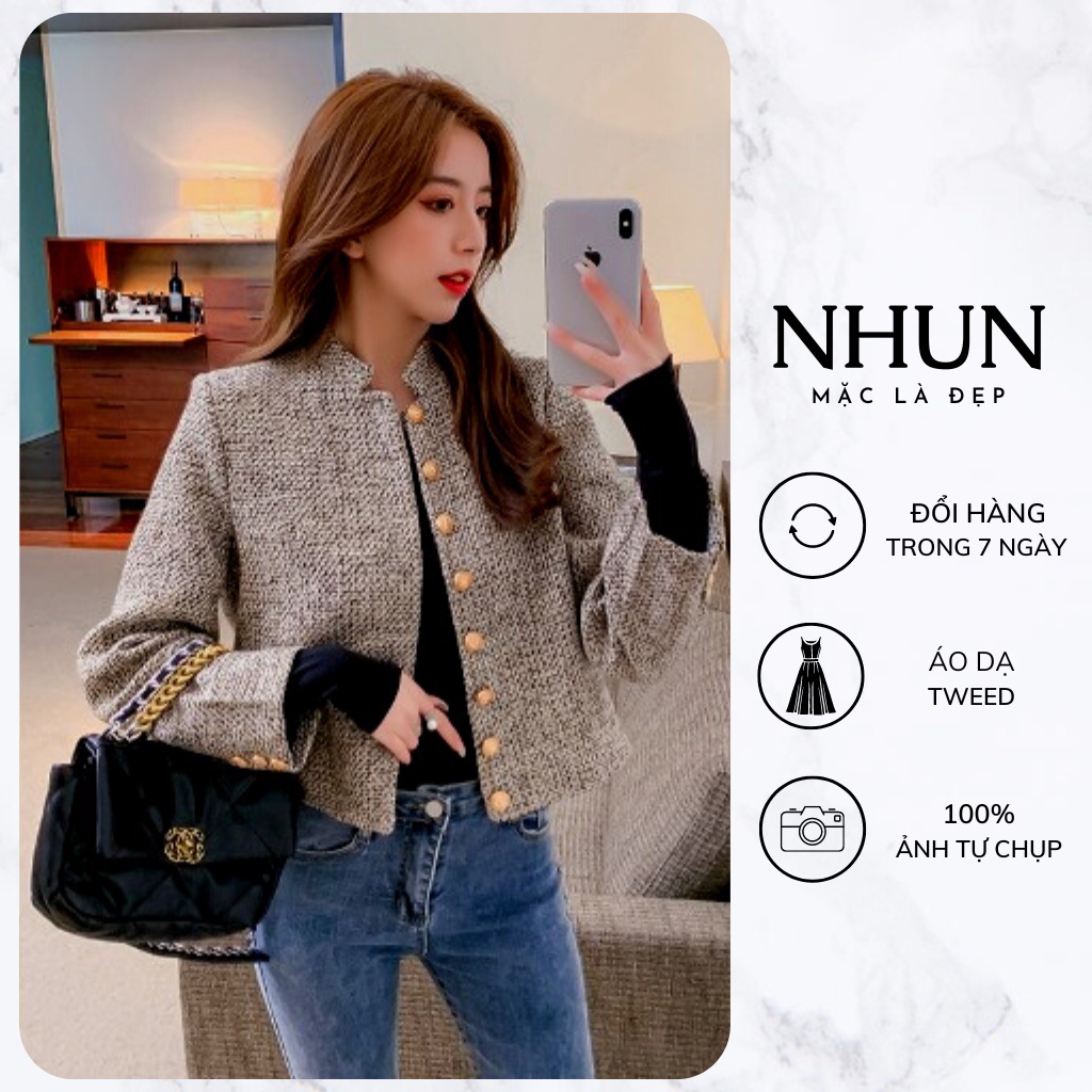 Áo dạ Tweed NhunFashion Áo cardigan nữ màu vàng tiêu dáng ngắn tiểu thư dày dặn N38