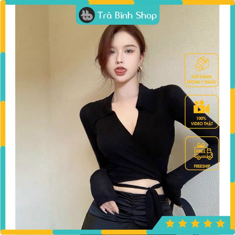 Áo len nữ thắt dây eo dài tay chất len tăm cổ bẻ siêu xinh phong cách trẻ trung