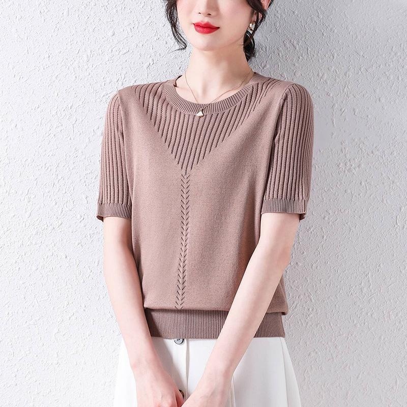 Áo Dệt Kim Tay Ngắn Vải Lụa Mỏng Phối Lỗ Lưới Thời Trang Hè Trẻ Trung Cho Nữ