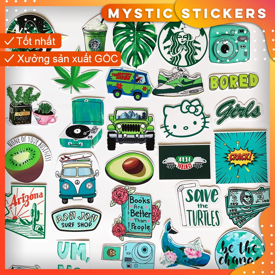 [XANH LÁ GREEN] 32 Sticker chống nước trang trÍ ,dán xe laptop mũ bảo hiểm vali...