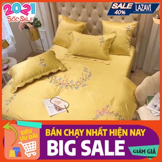 [Free ship-Giá sốc]Bộ chăn ga gối cotton phi lụa thêu hoa nguyệt quế,chát chọn màu,màu vàng
