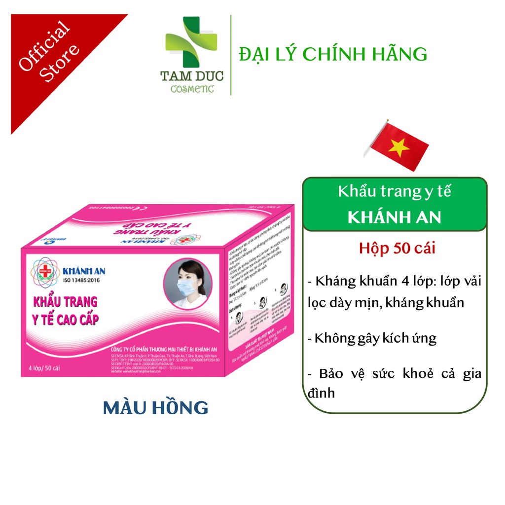 Khẩu Trang Y Tế KHÁNH AN 4 Lớp Kháng Khuẩn Cao Cấp Màu Xanh - Xám - Hồng - Trắng Hộp 50 cái