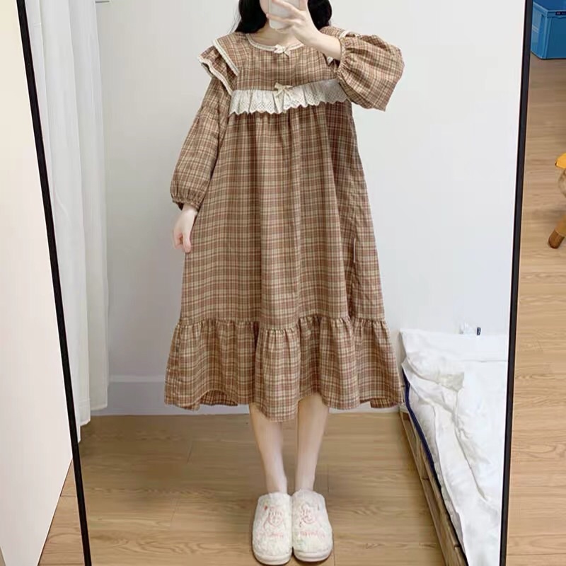 BỘ / VÁY MẶC NHÀ ULZZANG KẺ CARO NÂU BÈO NGỰC rẻ nhất shopee