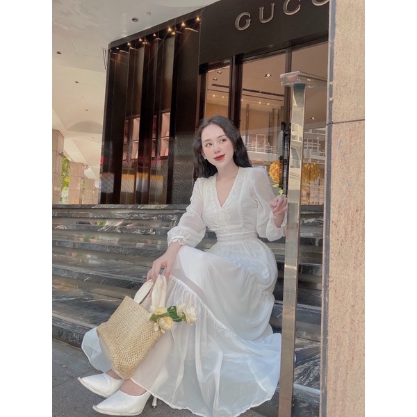 Maxi voan tay dài phối ren trắng đỏ vàng, đầm váy thời trang nữ tiểu thư dễ thương đi chơi du lịch đi biển chụp hình