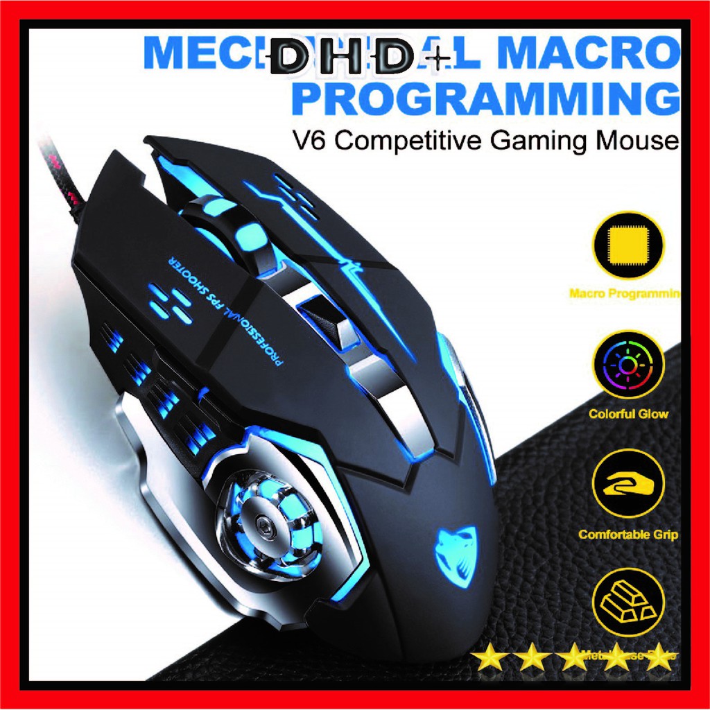 [1 ĐỔI 1 CÓ VIDEO] Mouse T-Wolf V6 USB LED 7 Màu Gaming, Chuột Quang Có Dây USB Thunder Wolf V6