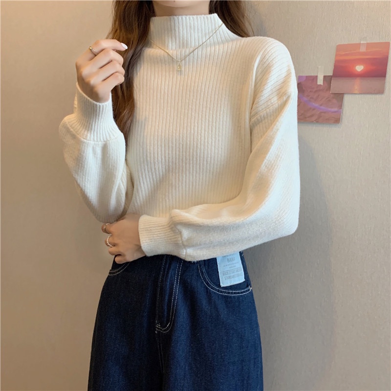 Áo dệt kim tay dài cổ cao giản đơn phong cách Hàn thanh lịch dễ phối đồ