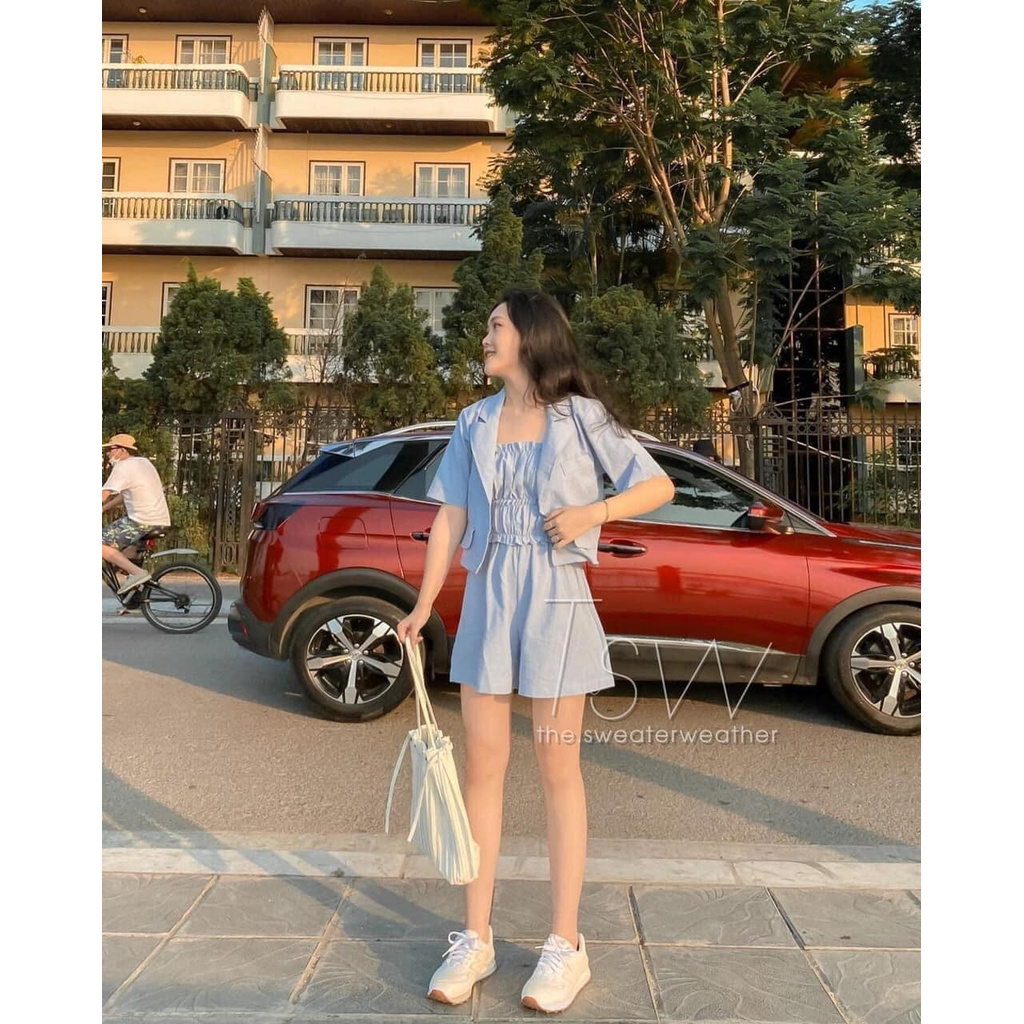 Sét bộ đũi 3 món áo 2 dây nhún quần short đùi mix áo khoác vest croptop3 màu đen/trắng/xanh (kèm video/ảnh thật) Nguy
