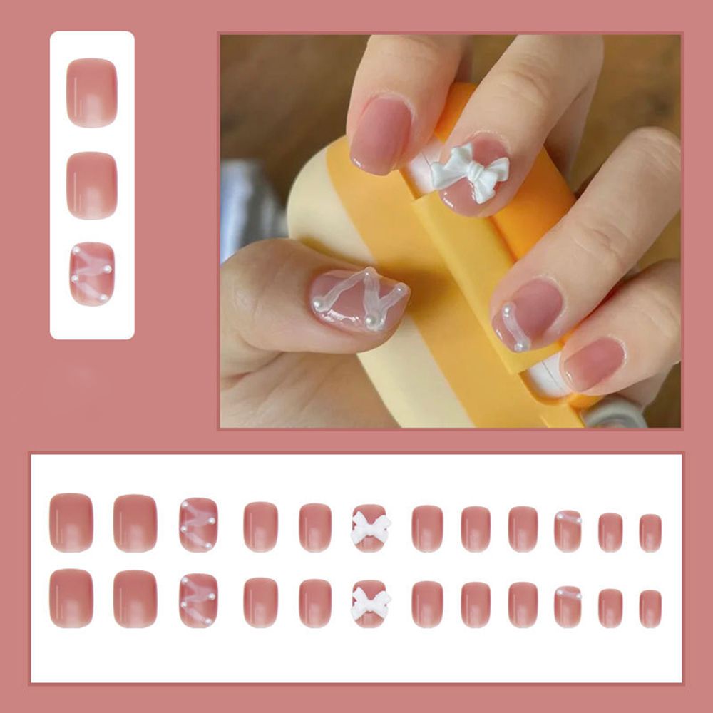 [Hàng mới về] Hộp 24 móng tay giả ngắn đầu tròn/vuông loại ấn che phủ toàn diện họa tiết nơ/trái tim có thể tháo rời