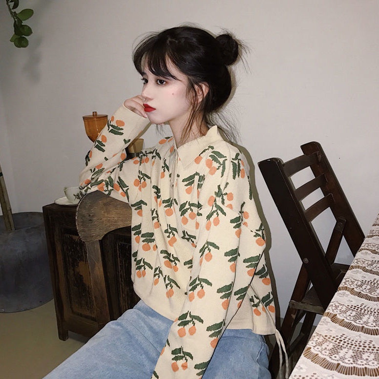 Áo Sweater Cổ Bẻ Rút Dây In Họa Tiết Cherry Dễ Thương Phong Cách Nhật Bản Thời Trang Mùa Đông Cho Nữ