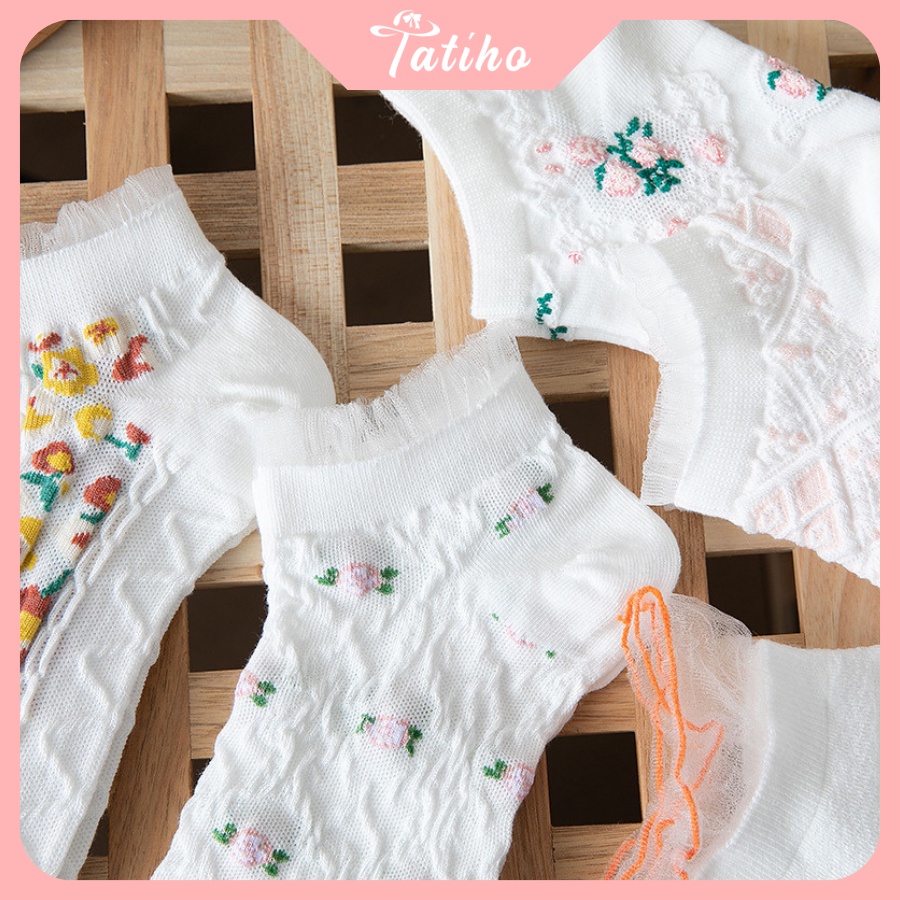 Vớ Tất Nữ Cổ Ngắn Ren Chất Cotton Dày Mềm Mịn Phối Họa Tiết Hoa Phong Cách Cute Thời Trang Hàn Quốc - Mã TV025