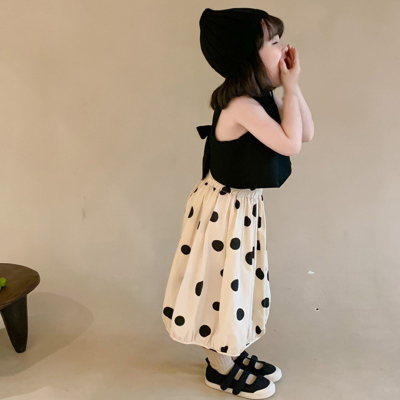 Set Áo Thắt Nơ Lưng + Chân Váy Chấm Bi Phong Cách Hàn Quốc Cho Bé Gái