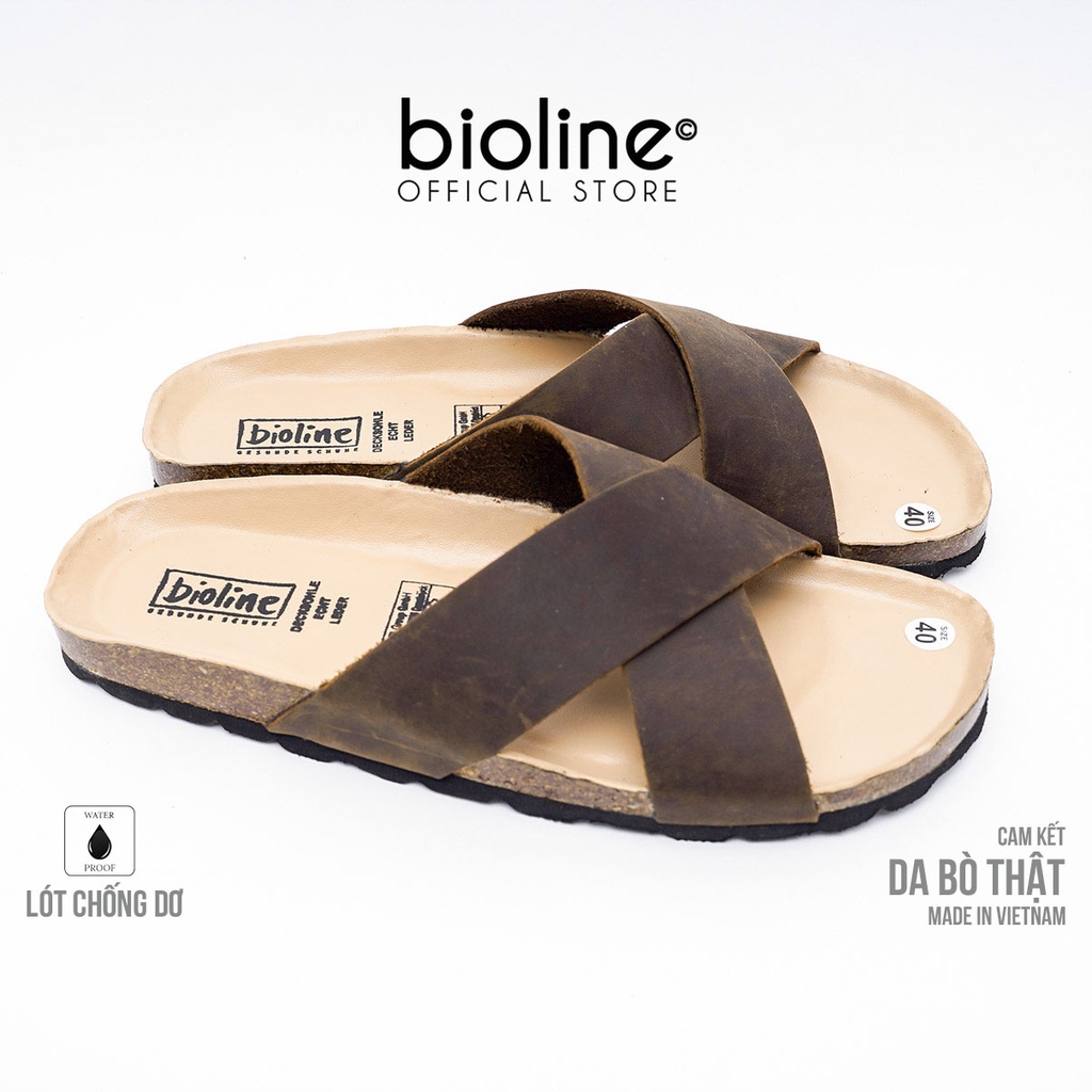 DK03-LÓT CHỐNG NƯỚC - Dép đế trấu BIRKEN da bò thật nam nữ unisex, dép da bò quai chéo vintage chính hãng BIOLINE - D03