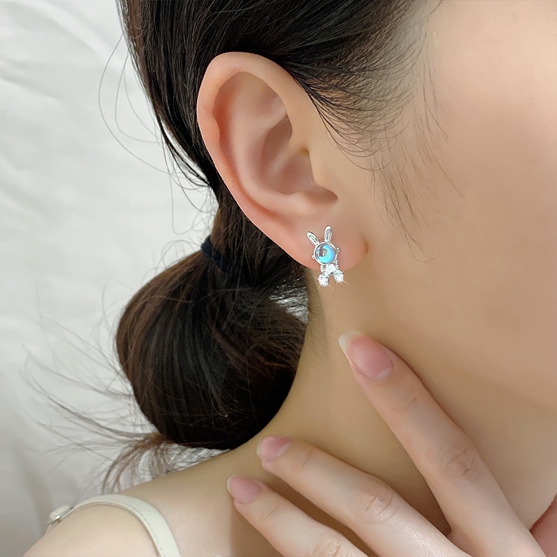 Bông tai dễ thương Hàn Quốc bông tai thỏ mặt trăng đá bông tai phụ nữ cao cấp bông tai kim bạc