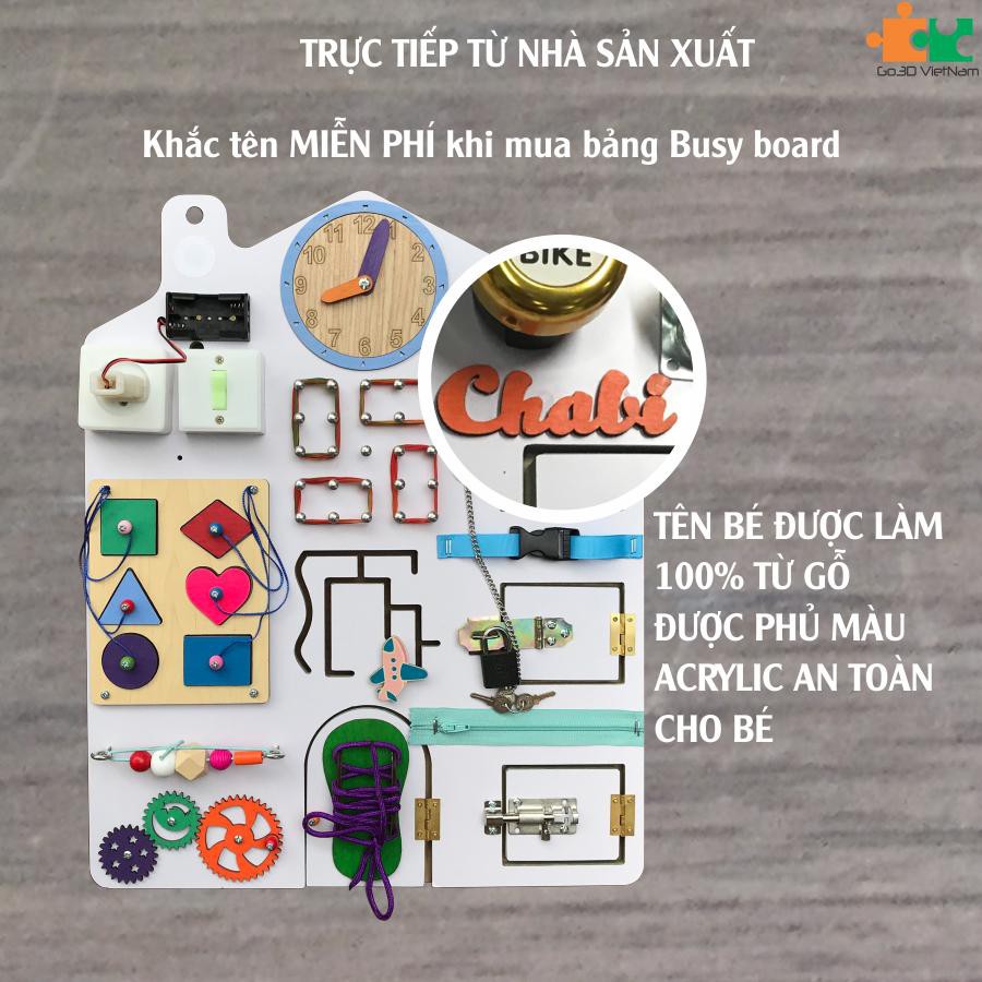 Khắc tên riêng cho bé miễn phí lên busy board, bảng bận rộn