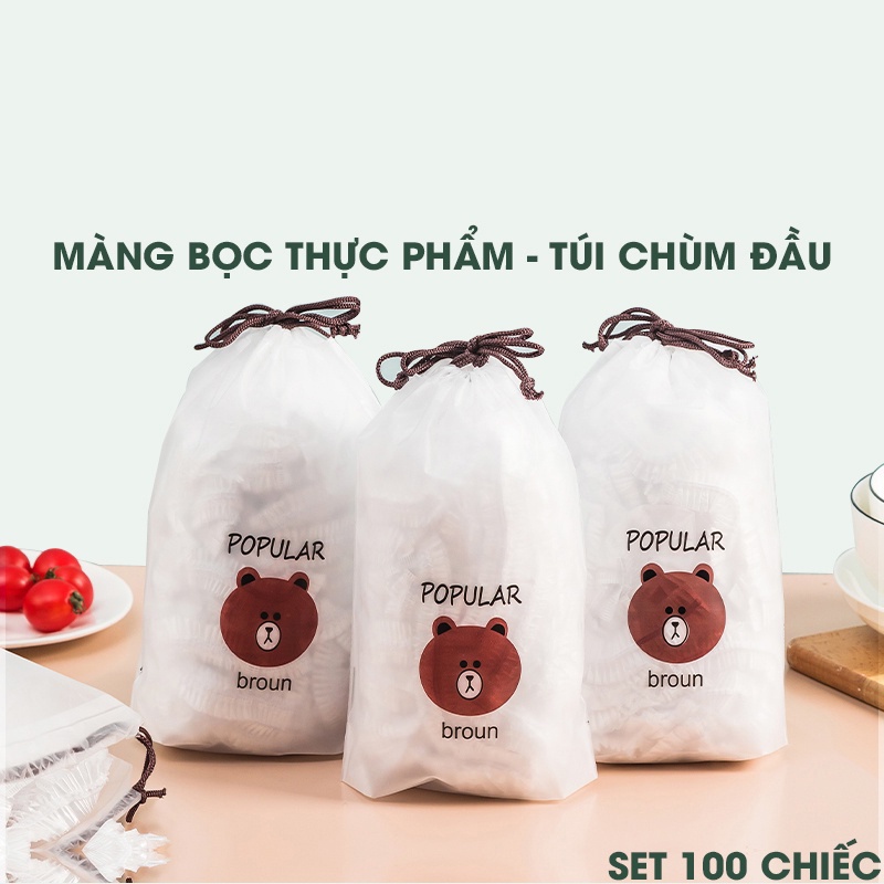 Màng Bọc Thực Phẩm Co Giãn Siêu Dai Có Chun Hình Túi Gấu Set 100 Chiếc