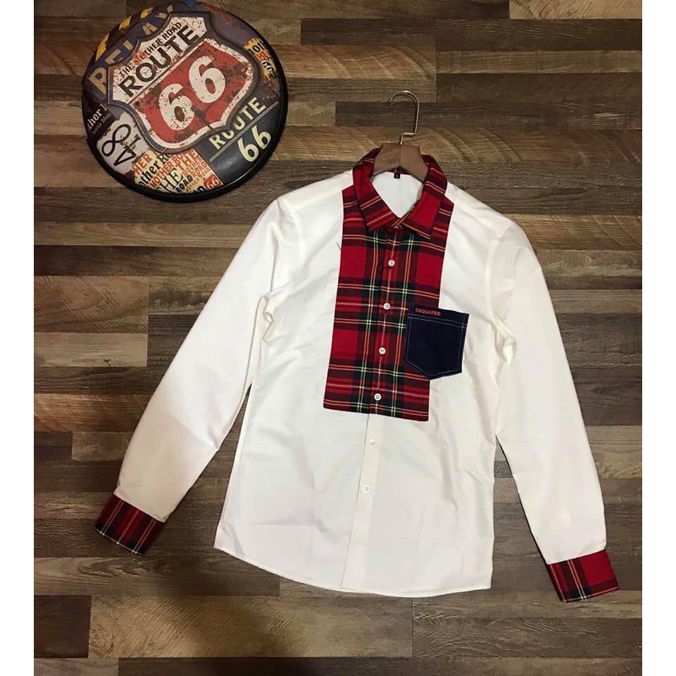 Áo sơ mi nam trắng họa tiết kẻ Đỏ