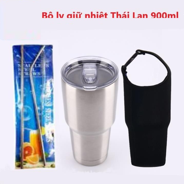 Ly cốc giữ nhiệt Thái Lan 900ml màu bạc, bình nước inox kèm túi xách, 2 ống hút và cọ bình