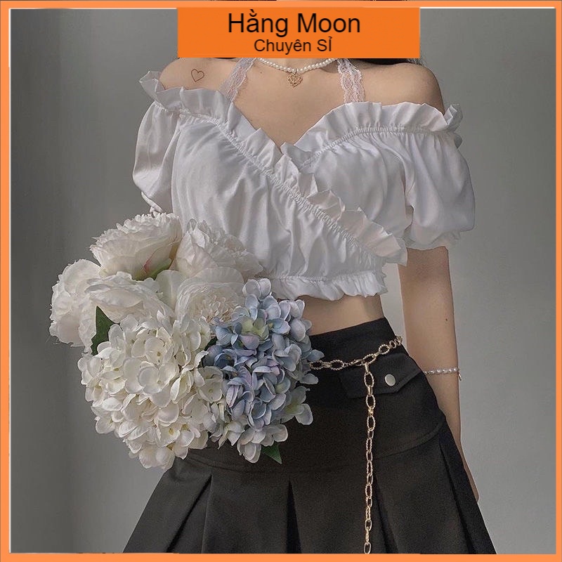 Áo croptopvoan đắp chéo phối ren cổ hot trend