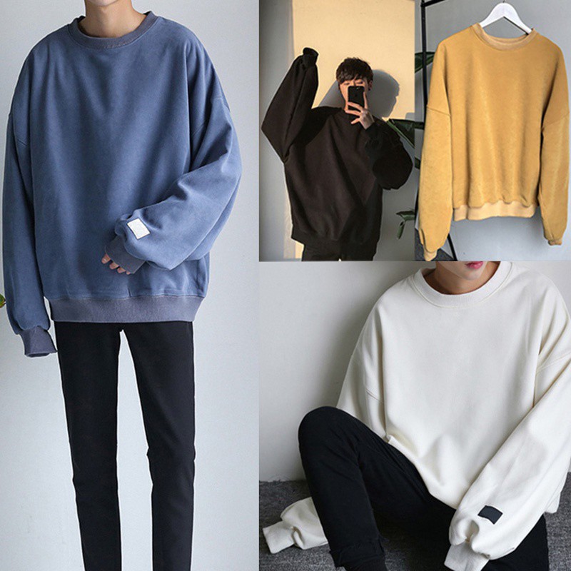 Áo sweater tay dài size lớn màu trơn cho nam