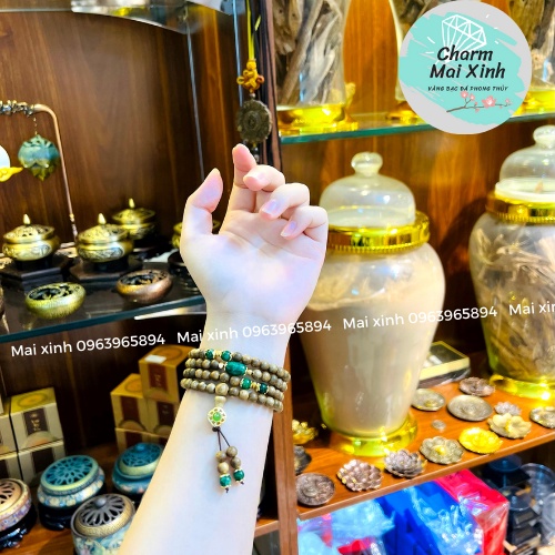 Chuỗi Trầm Hương Tốc 108 Hạt mix Lu Sơn Thủy + Charm Xanh - Vòng Tay Gỗ tự nhiên Nữ phong thuỷ