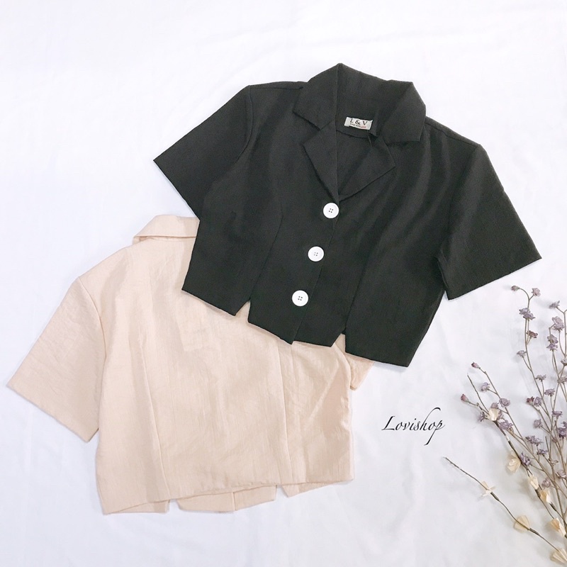 LOVI SHOP-Áo sơ mi nữ croptop cổ vest 3 khuy to phong cách trẻ trung năng động