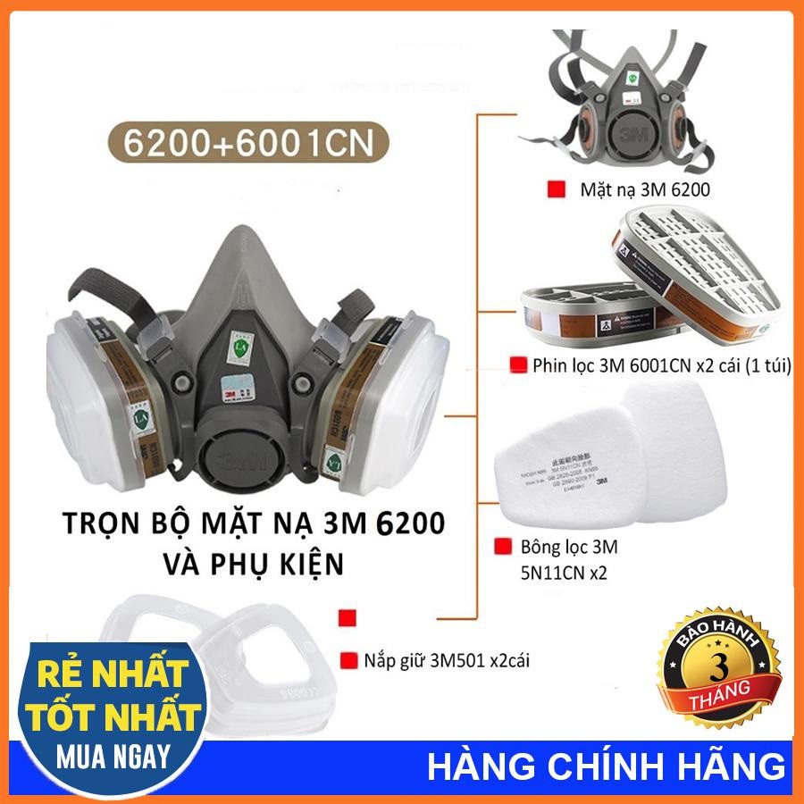 Mặt Nạ Chống Khí Độc 3M-6200, Kèm Kính Dẻo Bảo Hộ, Phun Thuốc Sâu, Sơn PU Đồ Gỗ