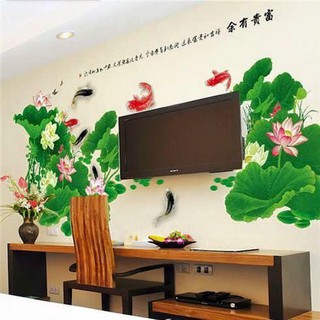 Decal dán tường Cá và hoa sen to nhất