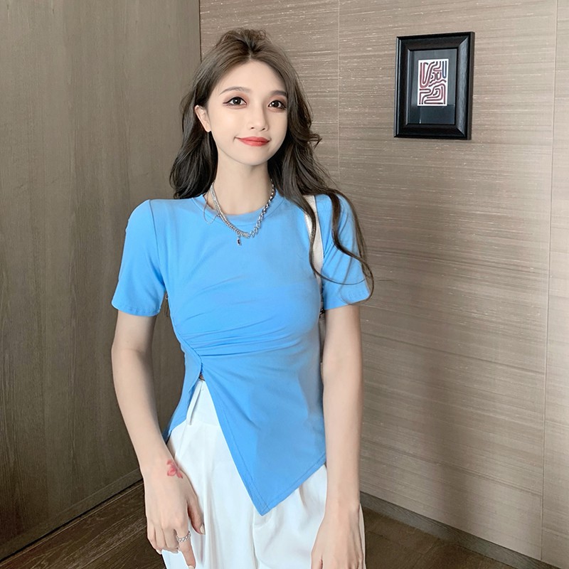 Cocory vn  Áo Croptop Tay Ngắn Cổ Tròn Thiết Kế Độc Đáo Hợp Thời Trang