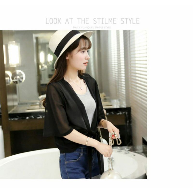 (Sẵn đen) Áo cardigan voan mỏng thắt nơ tay lỡ | BigBuy360 - bigbuy360.vn