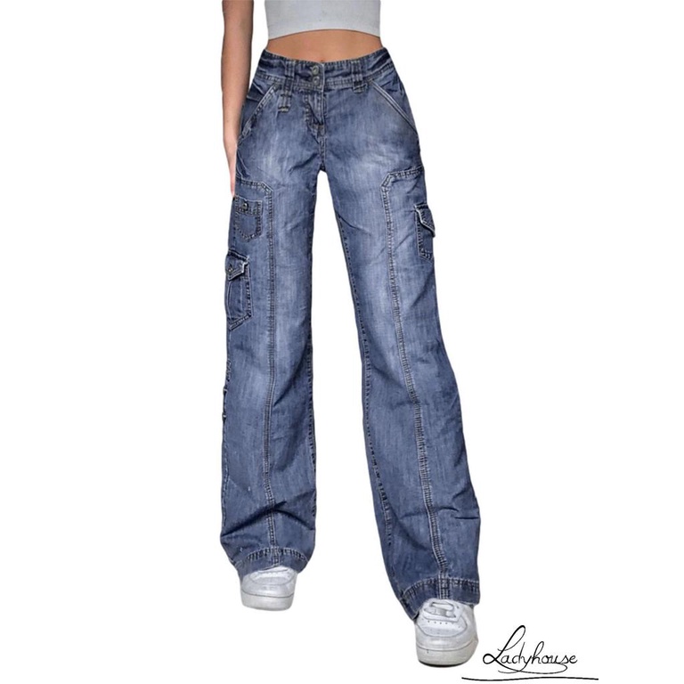 Quần Jean Ống Rộng Lưng Cao Màu Trơn Có Túi Size S/M/L Dành Cho Nữ