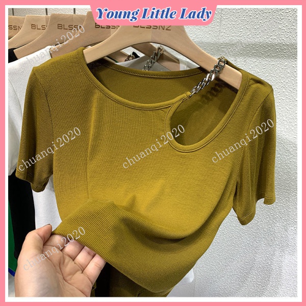 Irregular Klein Blue Short-Sleeved T-shirt Women's Design Sense Niche New Style Short Summer Collarbone Hollow Top Fashion