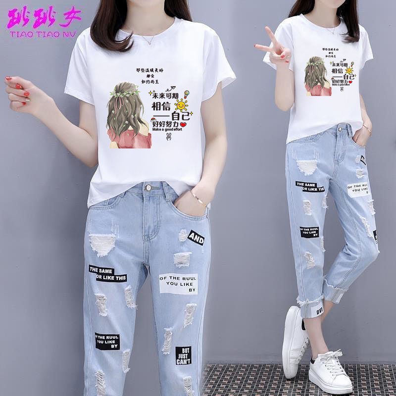Set Áo Thun Tay Ngắn + Quần Jean Lửng Phong Cách One piece 2022 Thời Trang Cho Nữ fema0719 2022