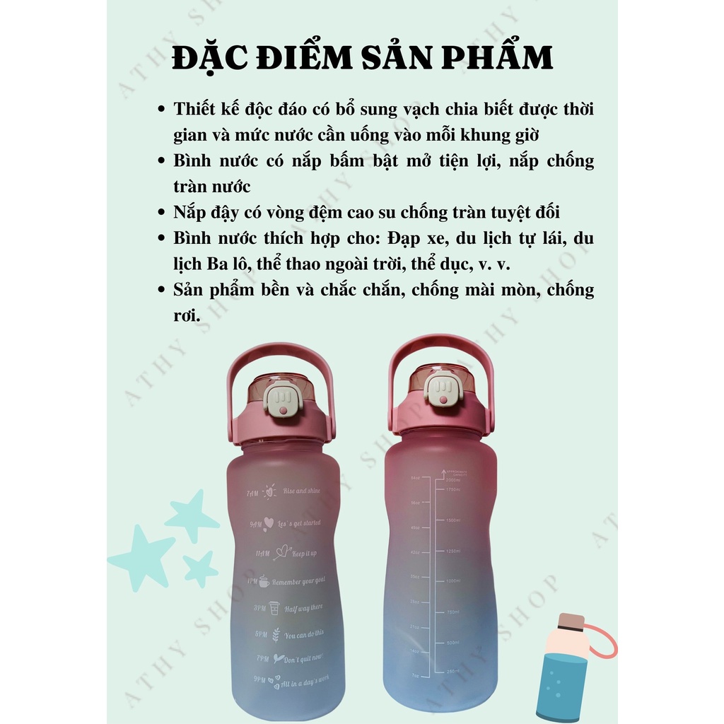 BÌNH NƯỚC 2000ML CÓ VẠCH CHIA THỜI GIAN UỐNG BẰNG NHỰA CAO CẤP plastic water bottle 2 liters lớn 2 lít